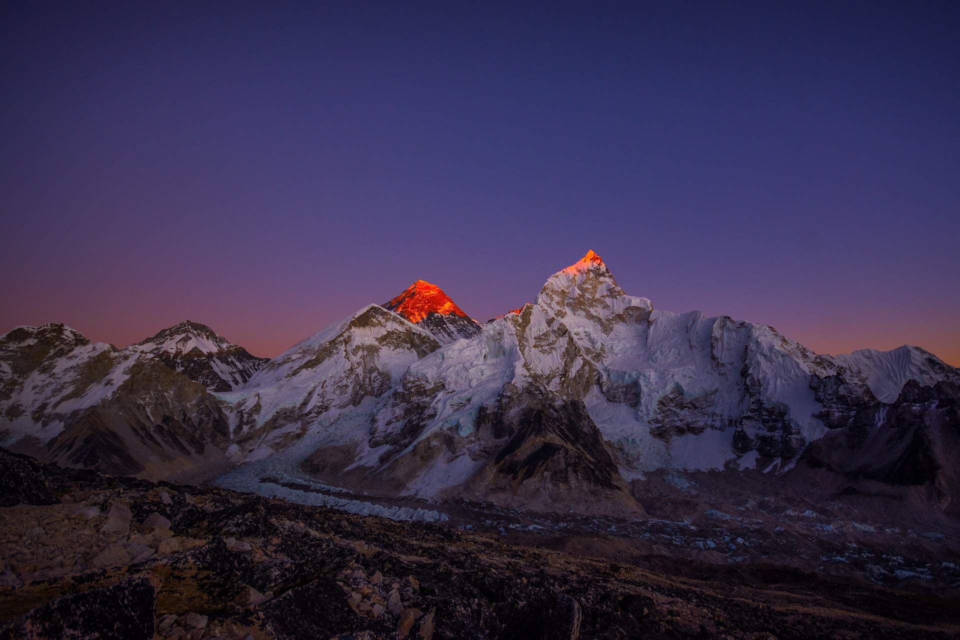 Everest glowing at sunset above the Khumbu valley